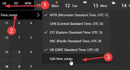 The outlook on the web screen, clicking edit time zones