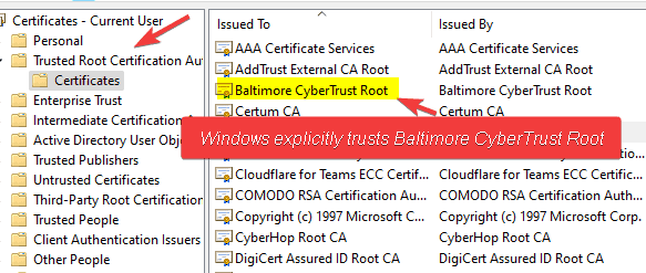 Windows Explicitly Trusts Baltimore CyberTrust Root