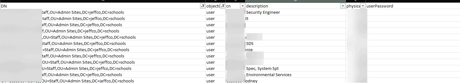 A snippet of an Active Directory export from Jeffco, with key information redacted.