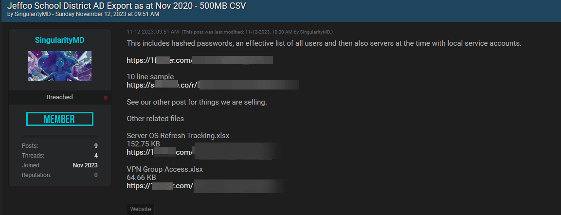 A screenshot of a popular breach forum site, showing a post of stolen data.